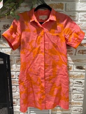 Trovata California Short-Sleeve Floral 100% Linen Dress Coral Pink Orange